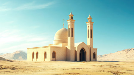 A beautiful desert mosque stands elegantly against a clear blue sky. Its domes and towers rise prominently, reflecting serene spirituality in a tranquil landscape.の素材
