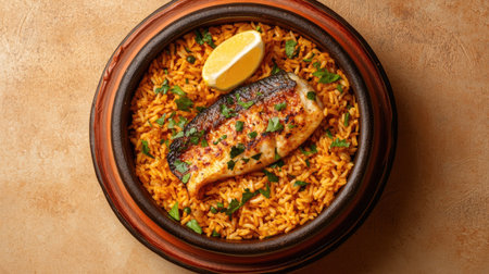 A beautifully arranged plate featuring grilled fish served on flavorful rice, garnished with lemon and fresh herbs for an appetizing meal.の素材