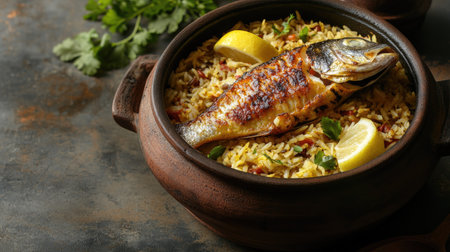 A beautifully presented dish of grilled fish served on a bed of rice in a traditional clay pot, garnished with fresh herbs and lemon. Perfect for food enthusiasts.の素材