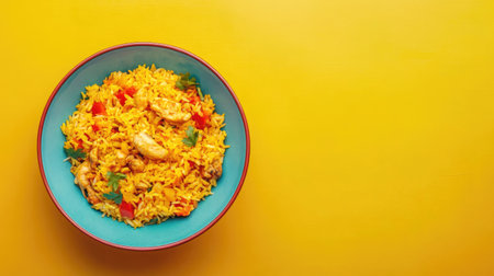 A vibrant bowl of shrimp rice served on a bright yellow background. This colorful dish is perfect for showcasing delicious meals and culinary creativity.の素材