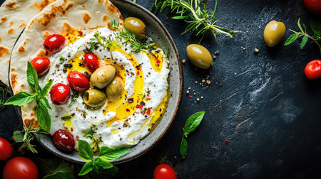 A beautifully arranged Mediterranean dish featuring creamy yogurt, vibrant tomatoes, green olives, and fresh herbs, perfect for sharing or as a snack.の素材
