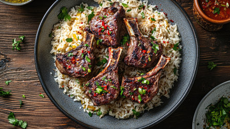 Savory grilled lamb chops served on a bed of fluffy rice, garnished with fresh herbs and spices, perfect for a gourmet dining experience.の素材