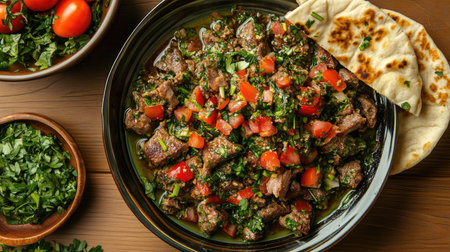 A flavorful herb and meat dish served with fresh tomatoes and herbs, complemented by warm flatbread, perfect for a rustic dining experience.の素材