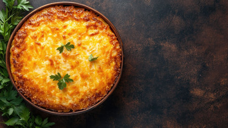 A golden brown casserole topped with melted cheese and fresh herbs, perfect for sharing at dinner. An inviting dish that enhances any table setting.の素材
