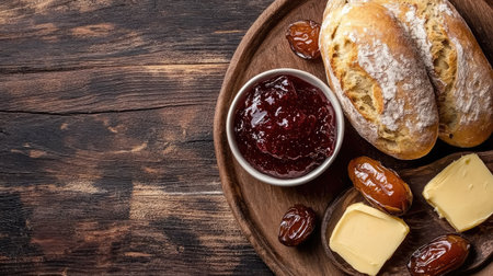 Indulge in a delightful spread featuring fresh bread, rich butter, and sweet jam, served with dates on a rustic wooden plate, perfect for any meal.の素材