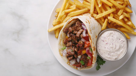 Enjoy a delicious wrap filled with savory meat and fresh vegetables, served with crispy fries and a flavorful dipping sauce, perfect for any meal.の素材