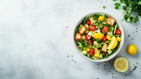 A vibrant salad featuring greens, tomatoes, and lemon garnished with croutons, perfect for a healthy meal. Ideal for summer dining or meal prep.の素材