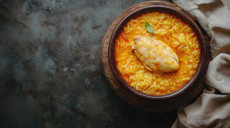 A vibrant plate featuring savory chicken served with rice, accented by herbs. Perfect for culinary inspiration or hearty meal ideas.の素材