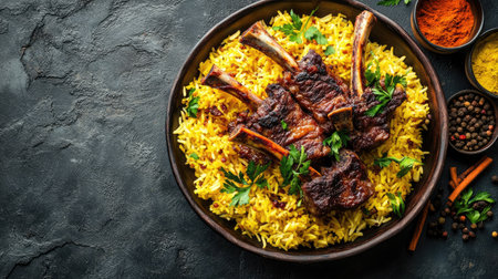 A mouth-watering presentation of juicy lamb chops served on a bed of vibrant yellow rice, garnished with fresh herbs and spices for a delightful meal.の素材