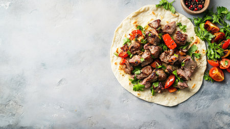 A vibrant meat dish served on flatbread, complemented by fresh vegetables like tomatoes and cilantro, ideal for culinary inspiration and meal presentation.の素材
