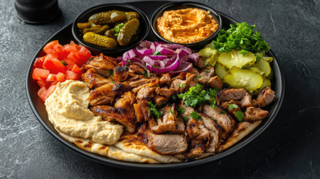 A vibrant grilled chicken platter featuring fresh vegetables, hummus, and pickles, perfect for a delicious meal or gathering with friends.の素材