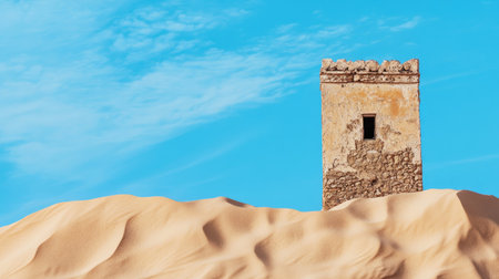 An abandoned tower rises from the golden sand dunes in a serene desert setting, showcasing the blend of nature and history under a bright blue sky.の素材