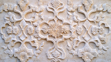 Explore this intricate floral wall carving rendered in light stone, showcasing artistic craftsmanship and antique architectural beauty for various design needs.の素材
