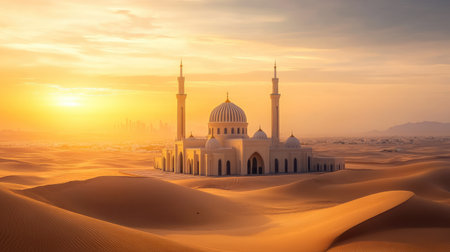 A stunning desert scene showcasing a majestic mosque at sunset, surrounded by golden sand dunes. This serene image captures the beauty of spirituality and architecture against a breathtaking backdrop.の素材