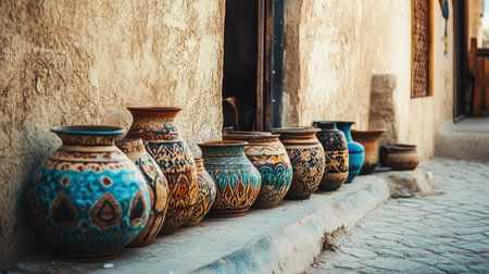 A vibrant array of colorful ceramic pots displayed against a rustic wall, showcasing traditional craftsmanship and artistic design in a charming outdoor setting.の素材