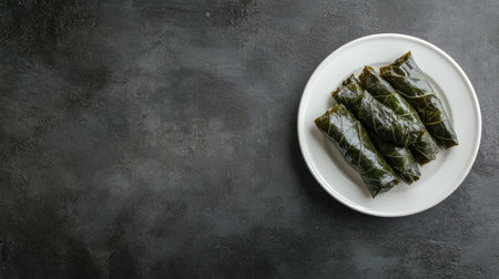 A plate of stuffed grape leaves elegantly arranged against a dark background, showcasing a traditional Mediterranean dish perfect for any dining occasion.の素材