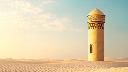 A striking desert tower stands alone against a soft blue sky, offering a sense of solitude and tranquility in the vast sandy landscape. Ideal for artistic projects.の素材