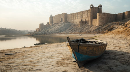 A serene landscape featuring an ancient fortress by a calm river, with an abandoned boat on sandy shores. Reflects tranquility and historical beauty.の素材