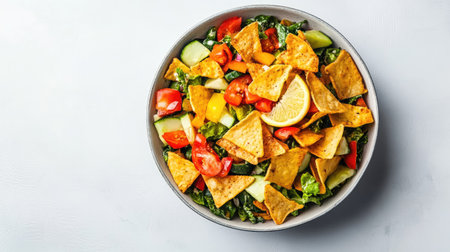 A vibrant salad featuring fresh vegetables and crispy tortilla chips, garnished with a slice of lemon for a refreshing touch. Perfect for healthy meals.の素材