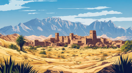 A stunning desert landscape featuring an old village set against majestic mountains under a clear blue sky, evoking a sense of adventure and tranquility.の素材