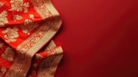 This elegant red fabric features a stunning floral pattern in gold. Perfect for traditional celebrations, fashion designs, or decorative accents in any setting.の素材
