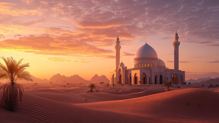 A stunning mosque stands gracefully in a desert at sunset, showcasing beautiful architecture and vibrant colors, evoking a sense of peace and spirituality.の素材