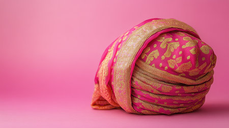 This image features a vibrant pink turban draped elegantly against a soft pink background, showcasing intricate patterns and textures that highlight cultural beauty and tradition.の素材