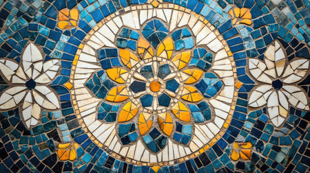 Explore this vibrant mosaic pattern featuring floral designs in blue, yellow, and white hues. Perfect for showcasing artistic craftsmanship and cultural heritage.の素材