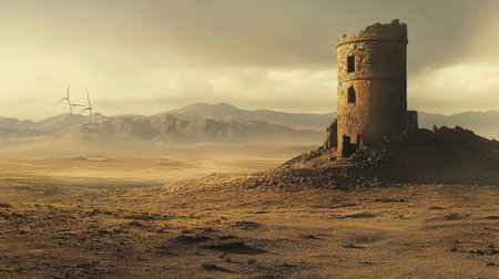 A solitary tower stands in a vast desert landscape, surrounded by distant mountains and wind turbines, capturing the essence of solitude and beauty in nature.の素材