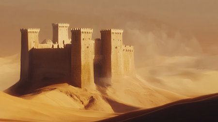 A majestic ancient castle stands resilient against shifting desert dunes, bathed in ethereal sunlight, evoking a sense of time and history amidst the sandy landscape.の素材