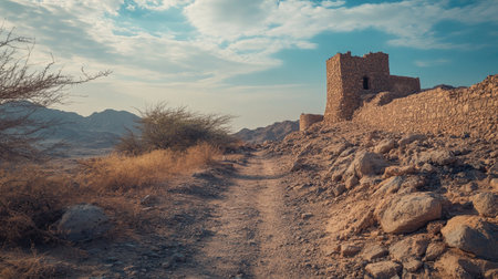 Explore a picturesque desert pathway leading to ancient ruins, surrounded by rocky terrain and serene landscapes under a beautiful sky.の素材