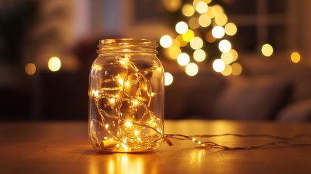 A serene arrangement featuring a jar filled with glowing lights, creating a warm and inviting atmosphere perfect for holiday decor or cozy interiors.の素材