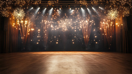 Captivating stage adorned with sparkling fireworks, ideal for any festive celebration or event. Perfect for capturing the joy and excitement of performances.の素材