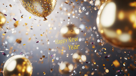Celebrate the New Year with this vibrant image featuring golden balloons and sparkling confetti. Perfect for greetings and festive occasions.の素材