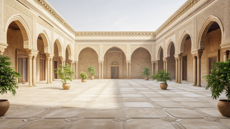 Discover a stunning courtyard featuring elegant arches and lush plants, perfect for showcasing traditional architecture in a serene setting.の素材
