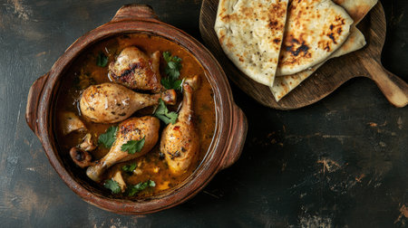 A mouthwatering chicken dish served in a rustic bowl alongside freshly baked flatbread, perfect for a hearty meal enjoyed at home or with family.の素材