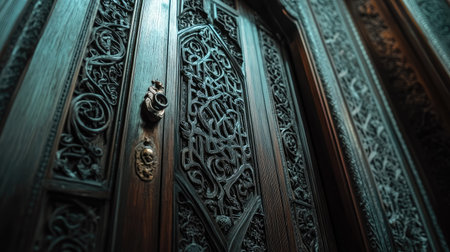 Explore the beauty of an intricately carved wooden door, showcasing elaborate designs and textures that reflect craftsmanship and artistic heritage.の素材