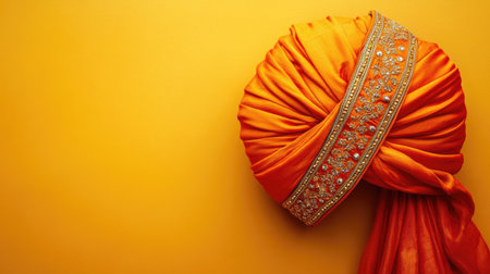 A vivid orange turban adorned with intricate details rests against a warm yellow backdrop, showcasing the elegance of traditional headwear in a vibrant setting.の素材