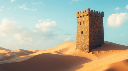 A stunning stone tower rises amidst golden sand dunes under a bright blue sky, showcasing the serene beauty of a desert landscape. Perfect for travel themes.の素材