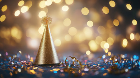 A golden party hat sparkles against a blurred festive background filled with soft lights and colorful confetti, capturing the essence of celebration.の素材