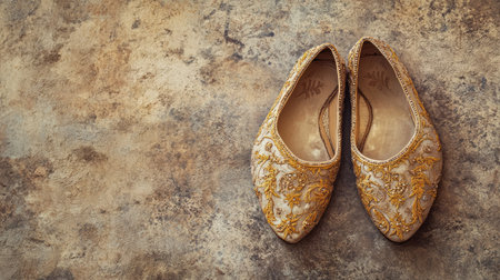 A pair of elegantly embroidered shoes displayed on a rustic background, highlighting their intricate design and vintage charm in a captivating fashion context.の素材