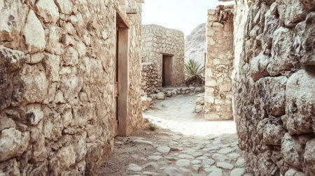 Explore a narrow rustic pathway bordered by ancient stone walls in a serene desert village, capturing the essence of historic architecture and natural beauty.の素材