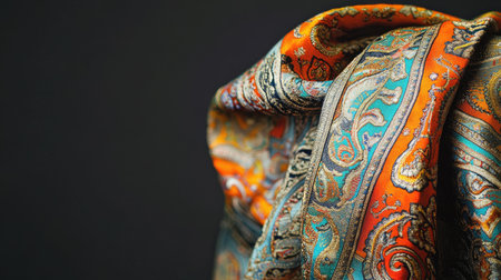 A close-up view of an elegant silk scarf showcasing intricate patterns and vibrant colors. The soft fabric drapes beautifully, making it a luxurious accessory.の素材