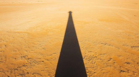 A dramatic shadow stretches across a serene desert landscape at sunset, capturing the essence of tranquility and isolation in nature's beauty.の素材