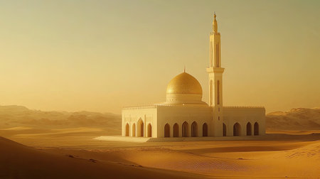 A peaceful mosque stands gracefully in a golden desert landscape, bathed in warm sunlight. This captivating scene highlights elegant architecture amidst vast sandy dunes.の素材