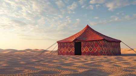 A vibrant tent stands alone in a serene desert landscape, showcasing intricate patterns under a colorful sky. Perfect for travel and culture themes.の素材