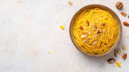 Indulge in a bowl of golden noodles topped with a variety of nuts and spices. Perfect for a delicious meal or healthy snack. A visual treat for food lovers.の素材