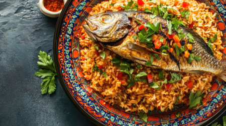 A beautifully presented dish featuring grilled fish atop seasoned rice, garnished with fresh herbs and colorful vegetables, perfect for any occasion.の素材