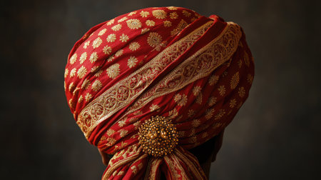 This image showcases a beautifully crafted traditional Indian turban featuring intricate embroidery and rich red fabric, highlighting cultural significance and artisan craftsmanship.の素材