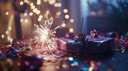 A beautifully wrapped gift with a sparkler ignites joy at a festive celebration, surrounded by colorful dの素材